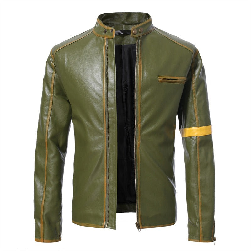 Giacca da motociclista in pelle casual con cerniera e colletto alto vintage da uomo | D8H302