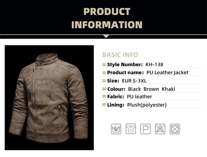 Veste en cuir PU pour homme, rembourrée, revers oblique, fermeture éclair, col montant coréen, blazer | KH-138