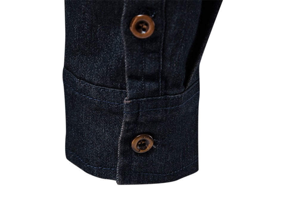 Men's Long Sleeve Denim No-Iron Casual Shirt Solid Color Cotton Vintage Style | 6022