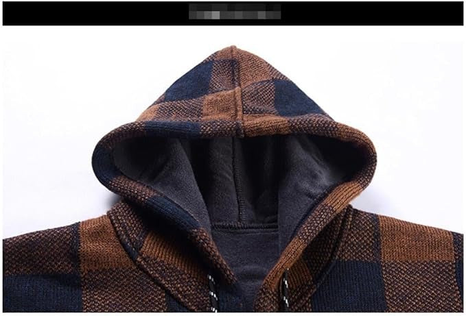 Manteau d'hiver décontracté à capuche pour hommes, tricot, vêtements d'extérieur, pull à carreaux, cardigan à fermeture éclair complète, vestes