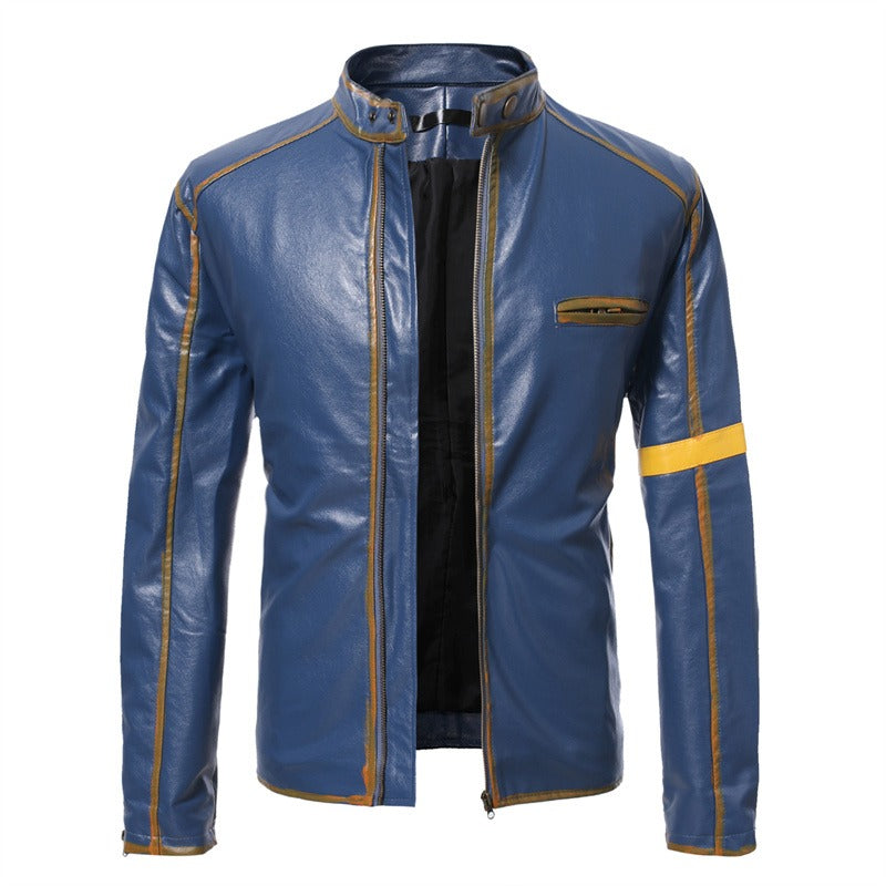 Giacca da motociclista in pelle casual con cerniera e colletto alto vintage da uomo | D8H302