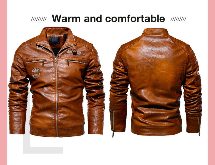 Giacca in pelle da uomo con fodera in pile, cappotto in pelle PU, taglie forti, giacca da uomo con risvolto e ricamo | 6693