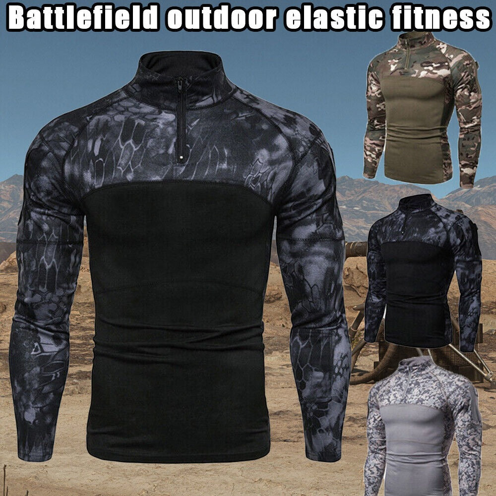 T-shirt décontracté à manches longues et col montant pour homme avec coutures camouflage | 1815-G11