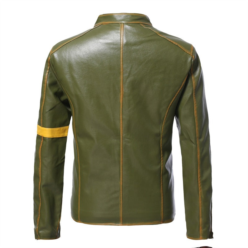 Giacca da motociclista in pelle casual con cerniera e colletto alto vintage da uomo | D8H302