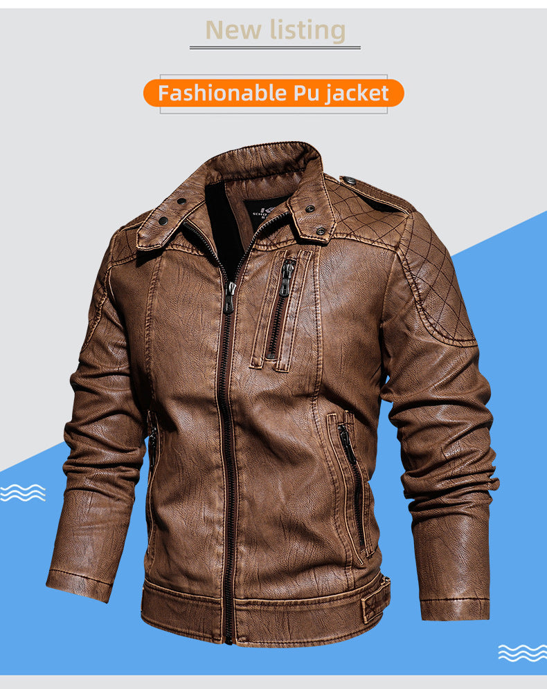 Giacca in pelle da uomo con colletto rialzato, giacca in pelle PU lavata Nostalgia | 8899