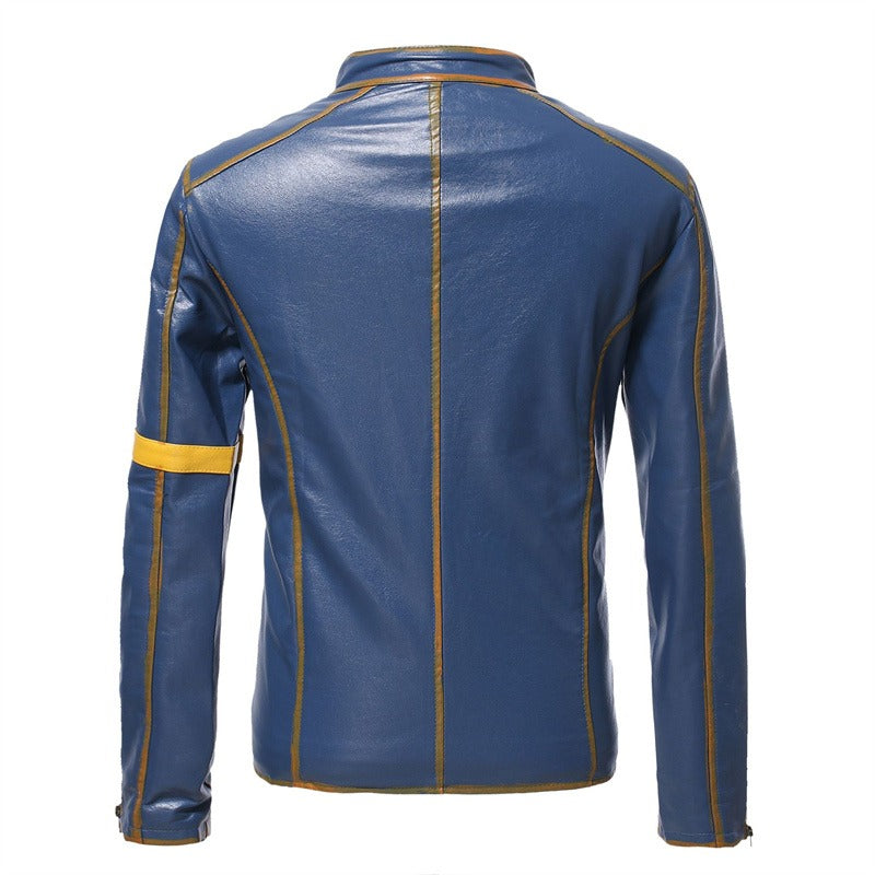 Giacca da motociclista in pelle casual con cerniera e colletto alto vintage da uomo | D8H302
