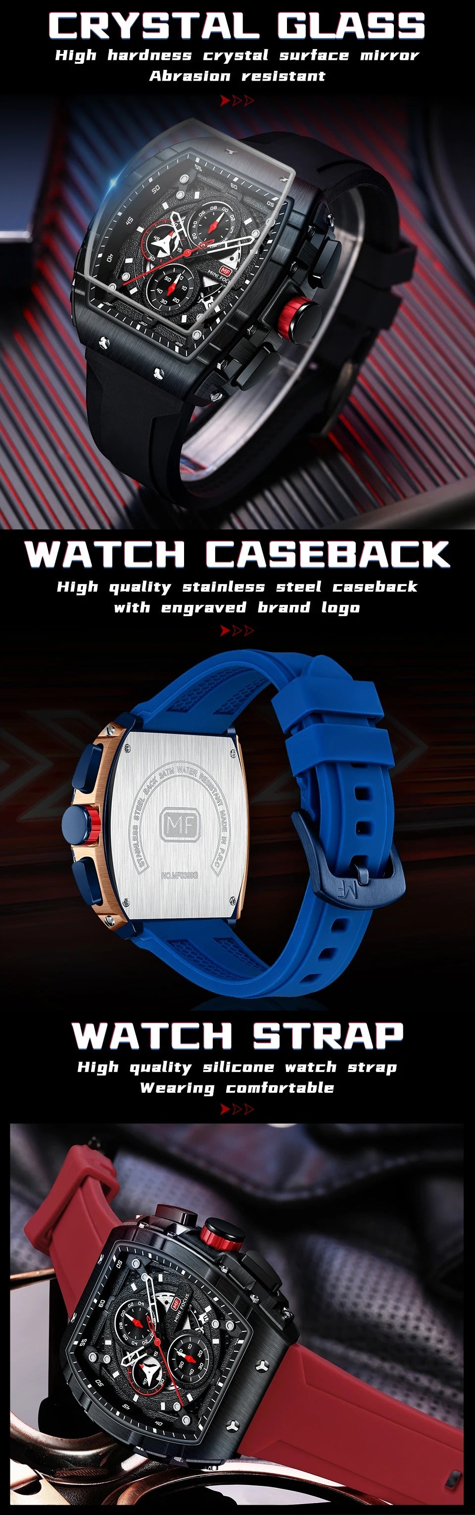 Montres de sport à quartz de luxe pour hommes avec bracelet en silicone et chronographe | MF0399G
