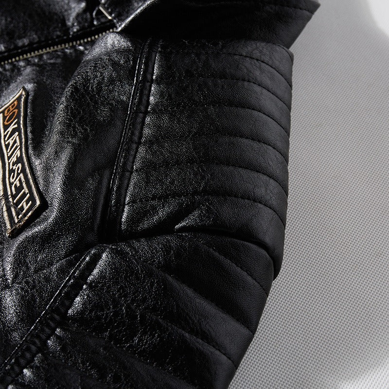 Giacca in pelle da uomo con fodera in pile, cappotto in pelle PU, taglie forti, giacca da uomo con risvolto e ricamo | 6693