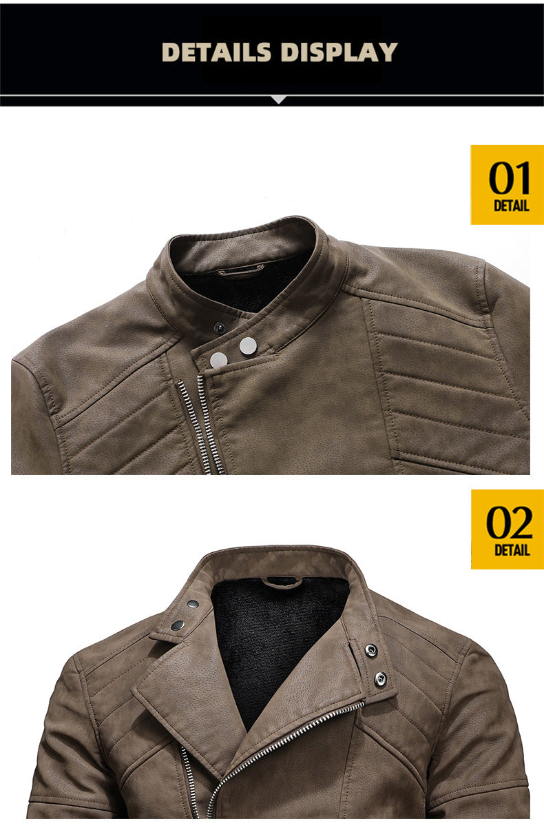 Veste en cuir PU pour homme, rembourrée, revers oblique, fermeture éclair, col montant coréen, blazer | KH-138