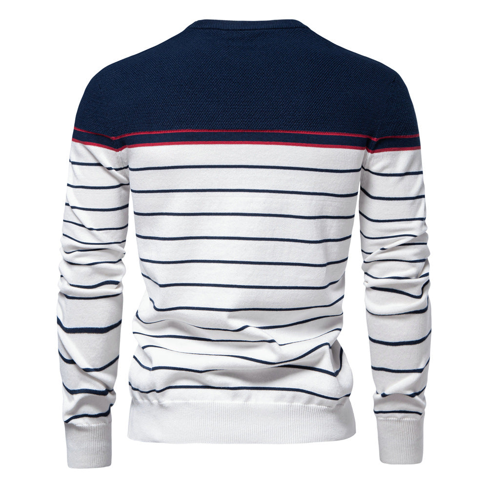 Men’s Striped Patchwork Knit Sweater – Crew Neck Casual Pullover for Autumn/Winter | SW117