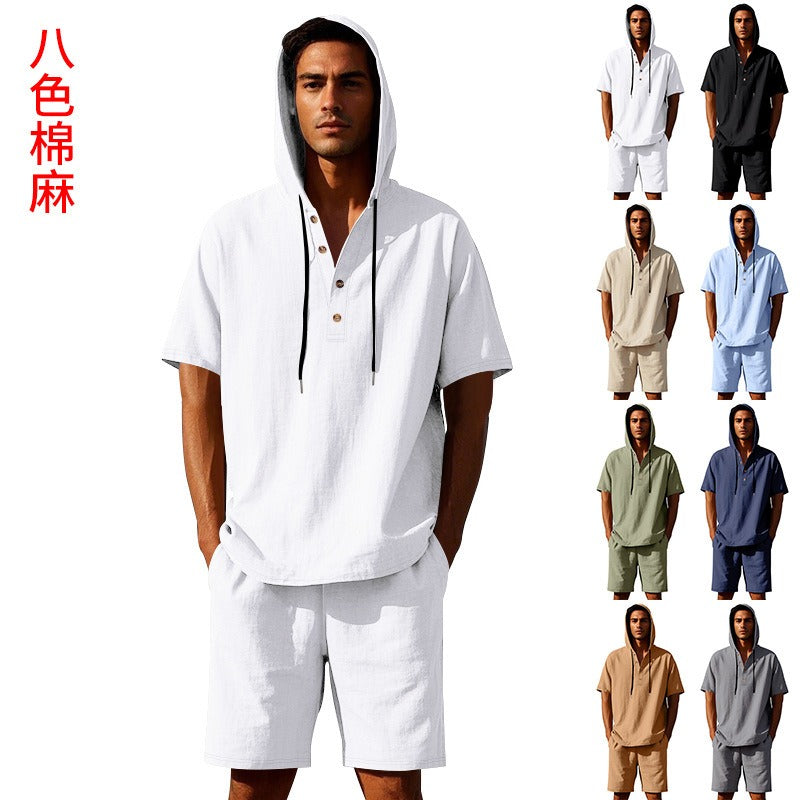 Men’s Summer Linen Hooded Shirt & Shorts Set Lightweight Casual Beachwear Set | CW15