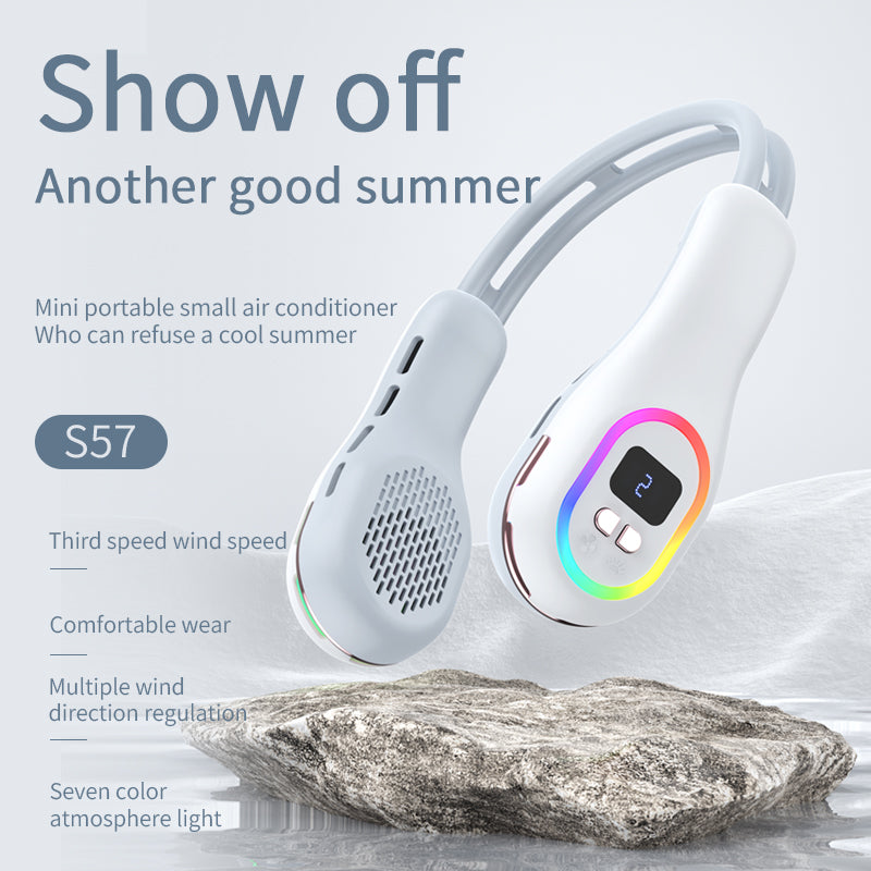 Summer Neck Fan Wearable Hands Free Bladeless Cooling Fans LED Colored Light 3 Speed 360° Wind Direction Adjustment Rechargeable Portable Air Con| S57