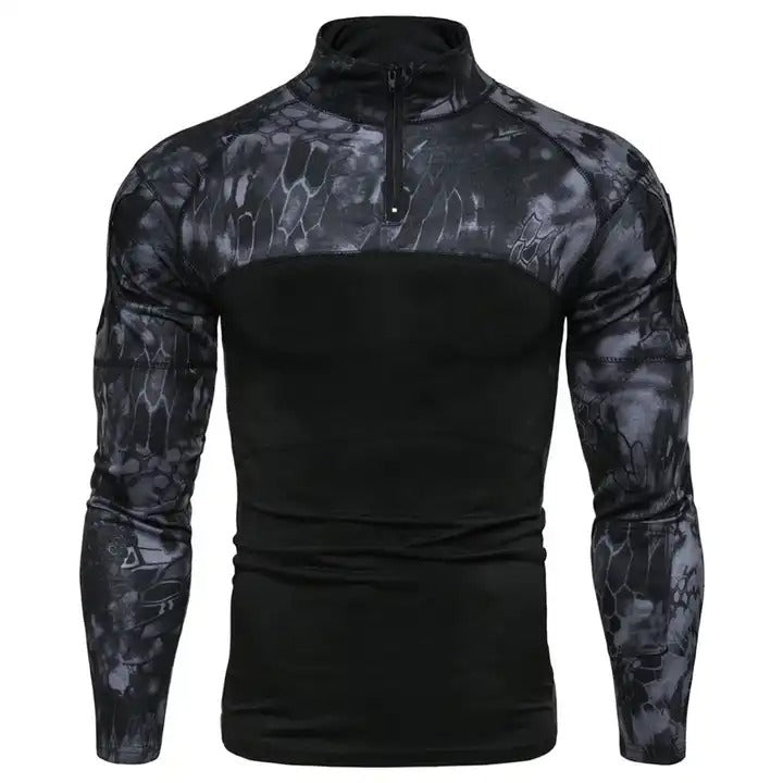 T-shirt décontracté à manches longues et col montant pour homme avec coutures camouflage | 1815-G11