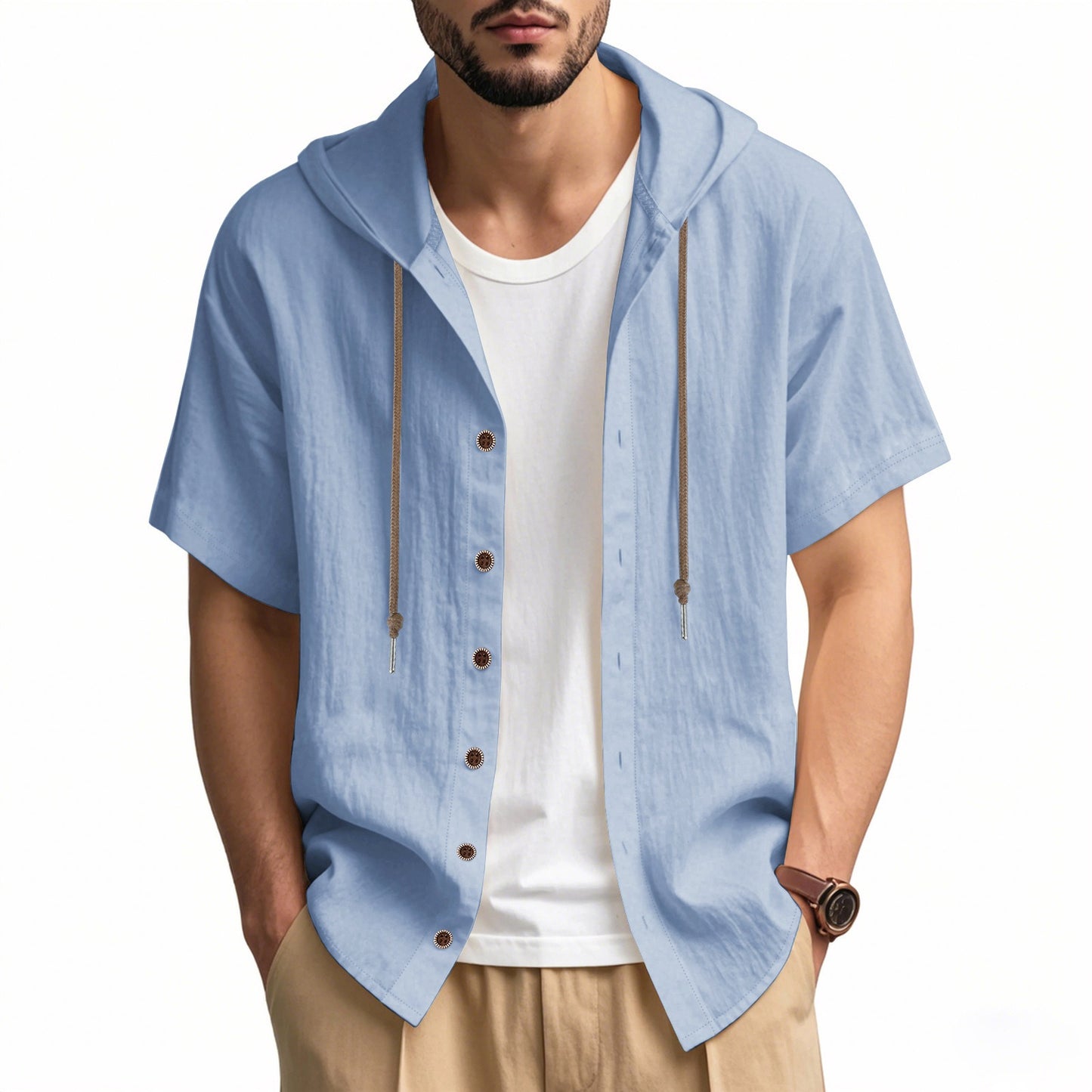 Men's Oversized Linen Shirt – Short-Sleeve Hooded Top | Breathable Amekaji Casual Style | Relaxed Fit Summer Overshirt | Spring 2025 Collection | 2455C
