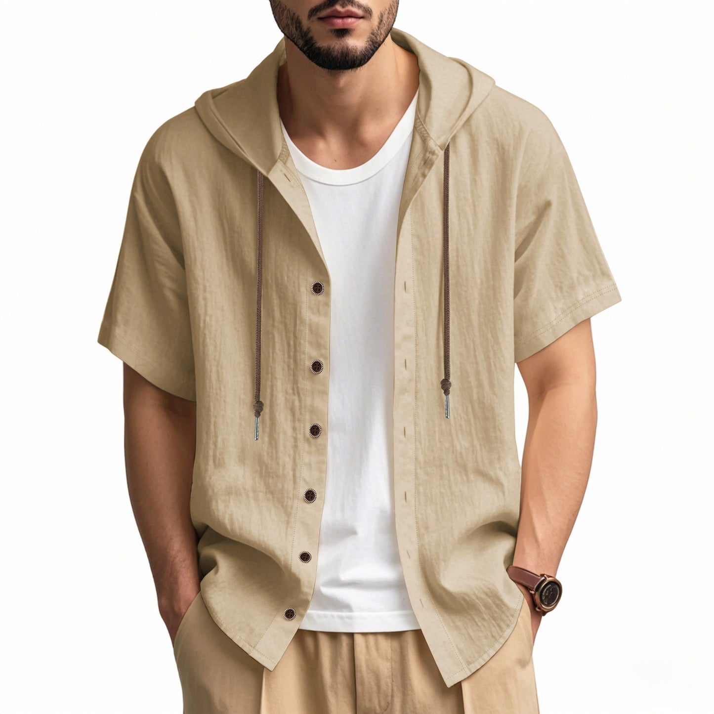 Men's Oversized Linen Shirt – Short-Sleeve Hooded Top | Breathable Amekaji Casual Style | Relaxed Fit Summer Overshirt | Spring 2025 Collection | 2455C