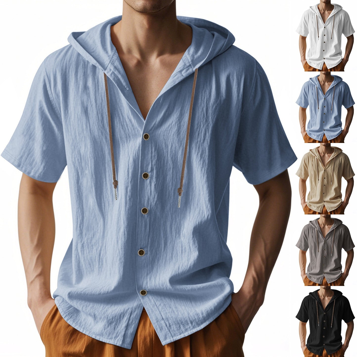 Men's Oversized Linen Shirt – Short-Sleeve Hooded Top | Breathable Amekaji Casual Style | Relaxed Fit Summer Overshirt | Spring 2025 Collection | 2455C