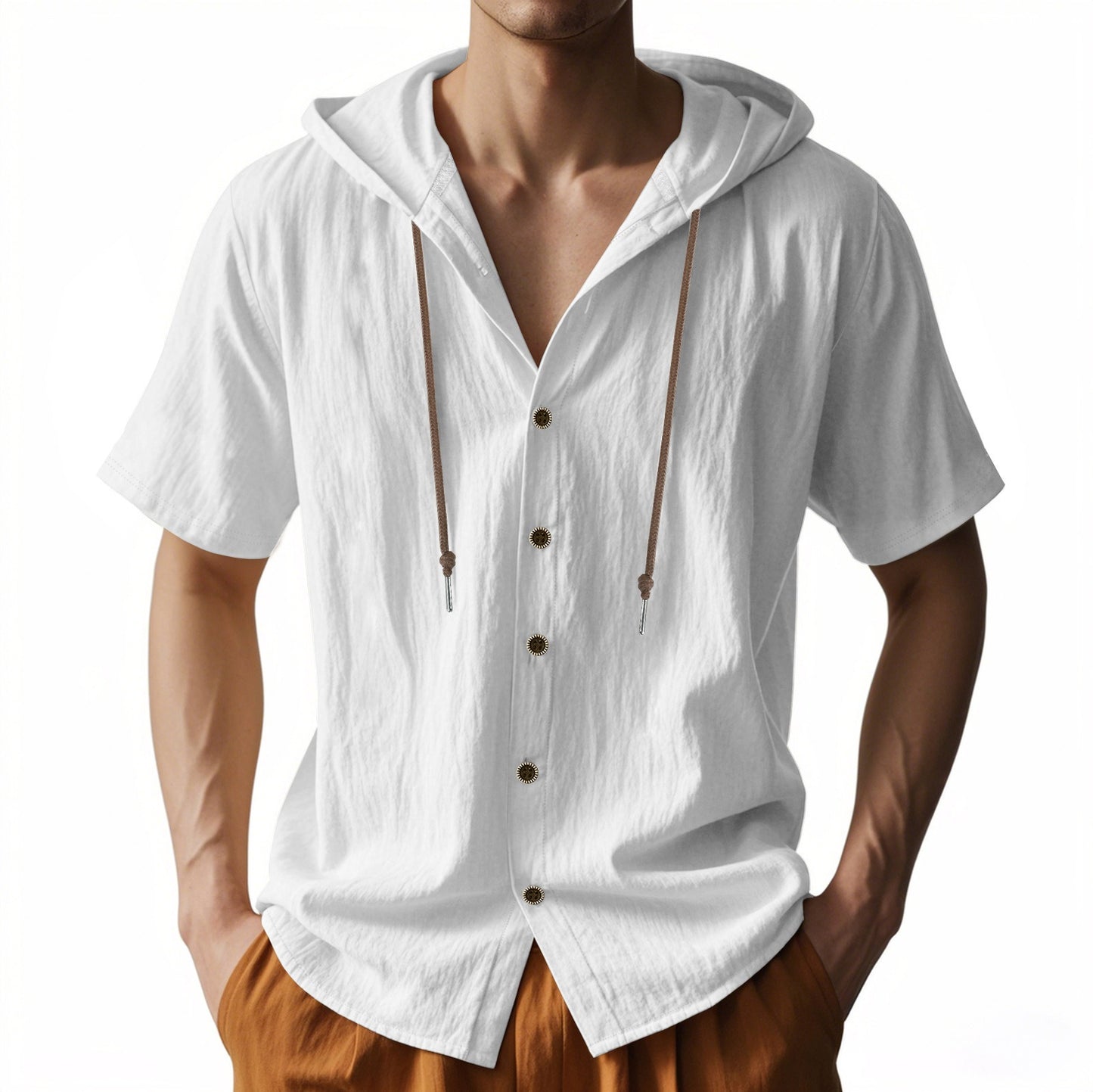Men's Oversized Linen Shirt – Short-Sleeve Hooded Top | Breathable Amekaji Casual Style | Relaxed Fit Summer Overshirt | Spring 2025 Collection | 2455C