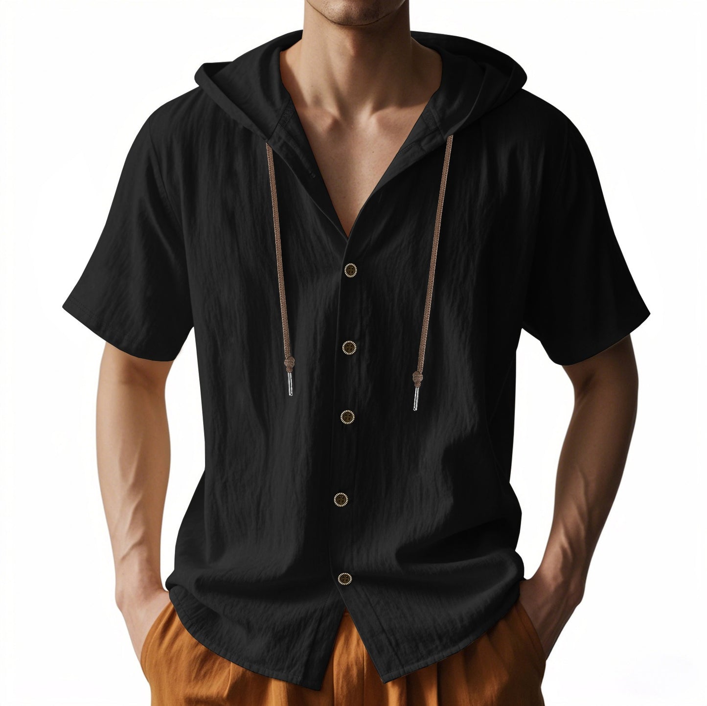 Men's Oversized Linen Shirt – Short-Sleeve Hooded Top | Breathable Amekaji Casual Style | Relaxed Fit Summer Overshirt | Spring 2025 Collection | 2455C