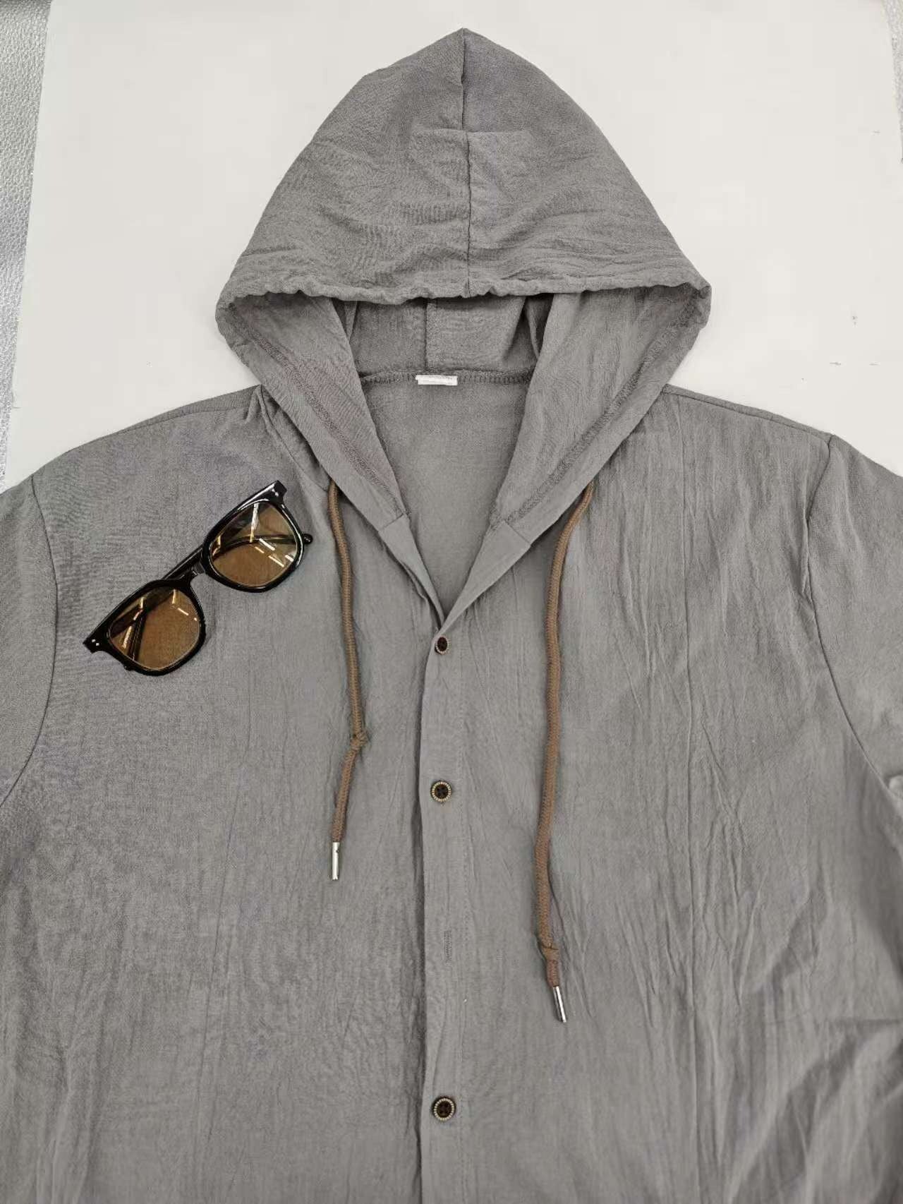 Men's Oversized Linen Shirt – Short-Sleeve Hooded Top | Breathable Amekaji Casual Style | Relaxed Fit Summer Overshirt | Spring 2025 Collection | 2455C