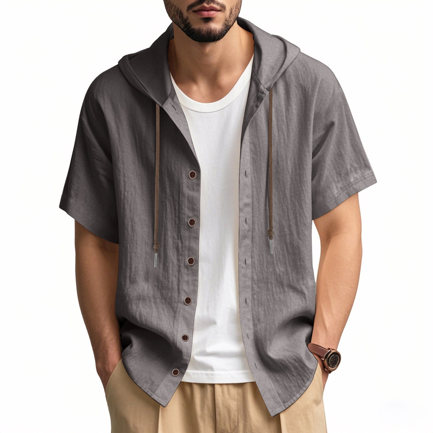 Men's Oversized Linen Shirt – Short-Sleeve Hooded Top | Breathable Amekaji Casual Style | Relaxed Fit Summer Overshirt | Spring 2025 Collection | 2455C