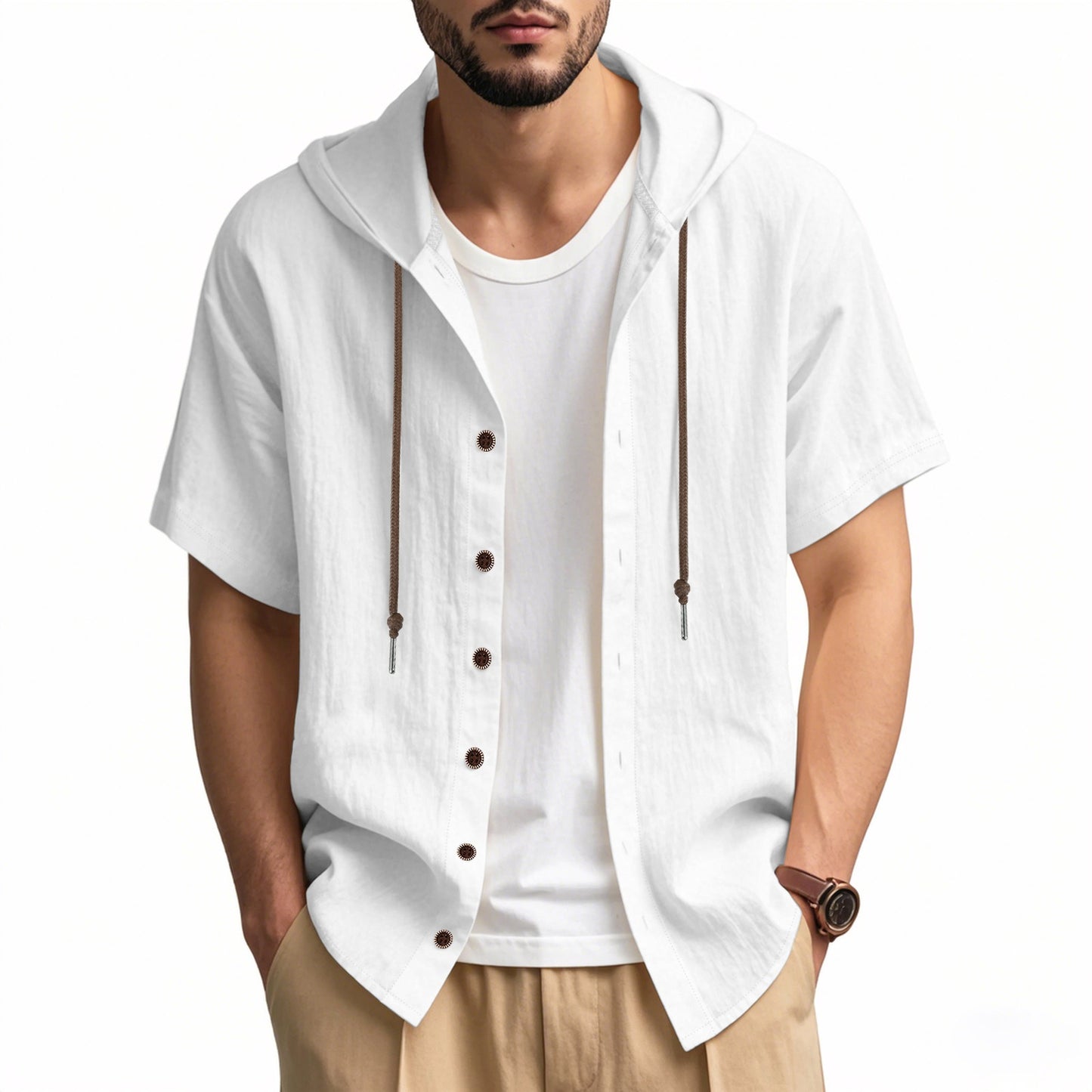 Men's Oversized Linen Shirt – Short-Sleeve Hooded Top | Breathable Amekaji Casual Style | Relaxed Fit Summer Overshirt | Spring 2025 Collection | 2455C