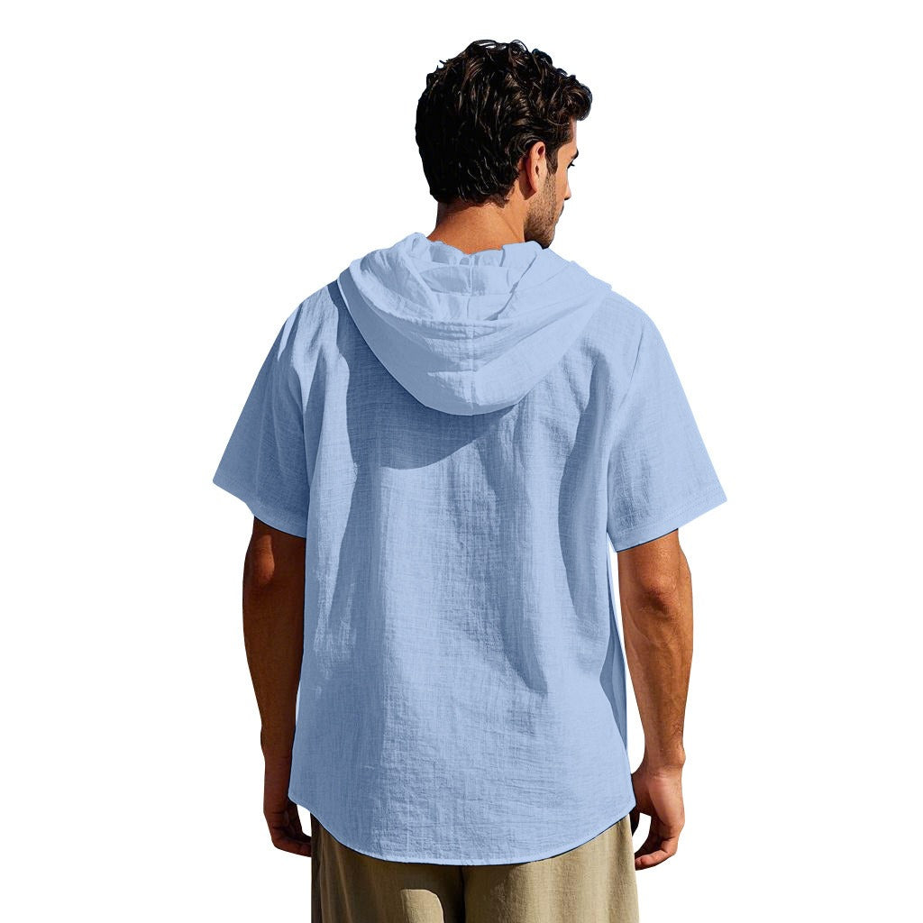 Men's Oversized Linen Shirt – Short-Sleeve Hooded Top | Breathable Amekaji Casual Style | Relaxed Fit Summer Overshirt | Spring 2025 Collection | 2455C