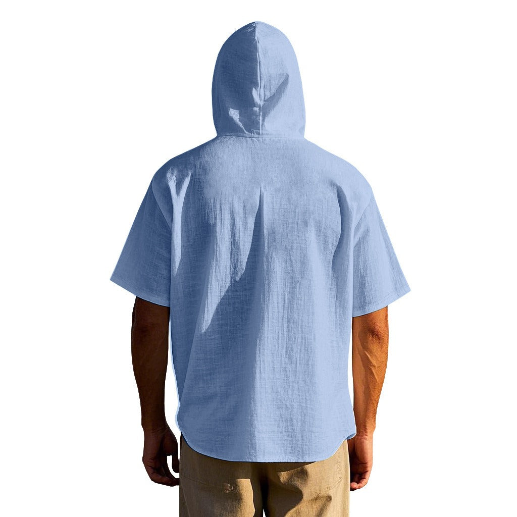Men's Oversized Linen Shirt – Short-Sleeve Hooded Top | Breathable Amekaji Casual Style | Relaxed Fit Summer Overshirt | Spring 2025 Collection | 2455C