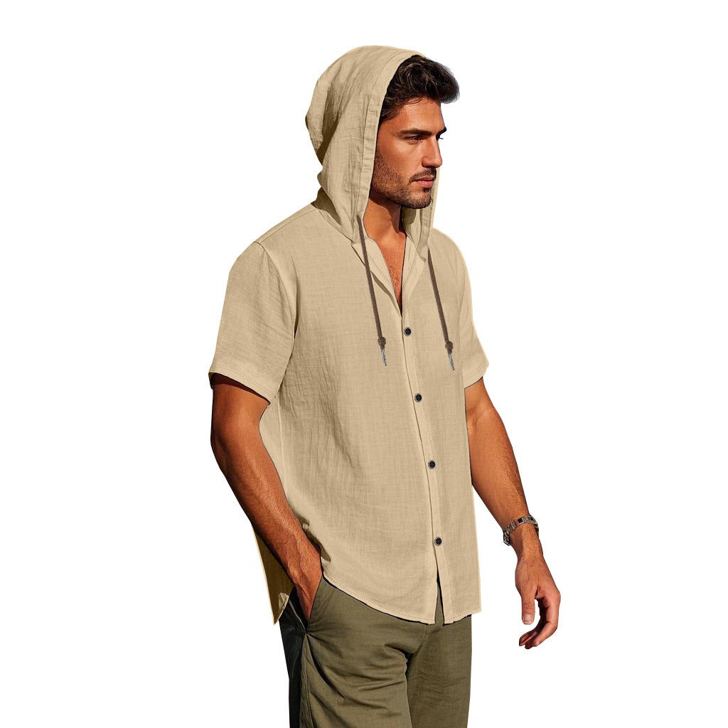 Men's Oversized Linen Shirt – Short-Sleeve Hooded Top | Breathable Amekaji Casual Style | Relaxed Fit Summer Overshirt | Spring 2025 Collection | 2455C