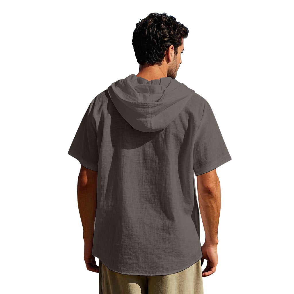 Men's Oversized Linen Shirt – Short-Sleeve Hooded Top | Breathable Amekaji Casual Style | Relaxed Fit Summer Overshirt | Spring 2025 Collection | 2455C
