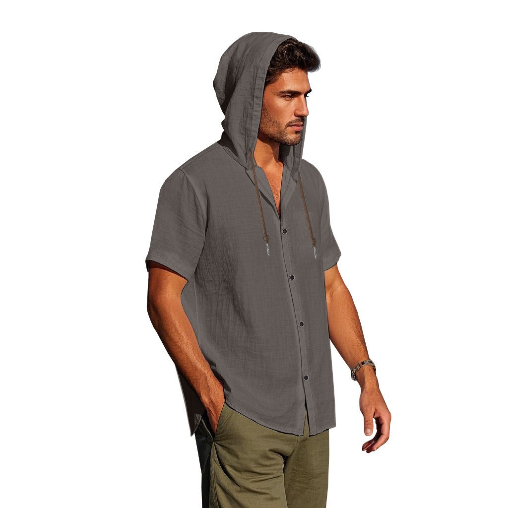Men's Oversized Linen Shirt – Short-Sleeve Hooded Top | Breathable Amekaji Casual Style | Relaxed Fit Summer Overshirt | Spring 2025 Collection | 2455C