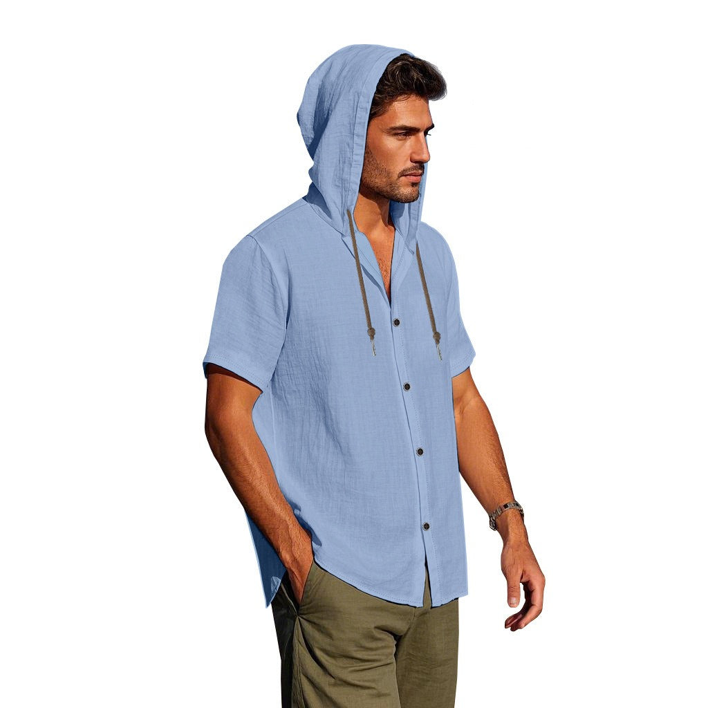 Men's Oversized Linen Shirt – Short-Sleeve Hooded Top | Breathable Amekaji Casual Style | Relaxed Fit Summer Overshirt | Spring 2025 Collection | 2455C