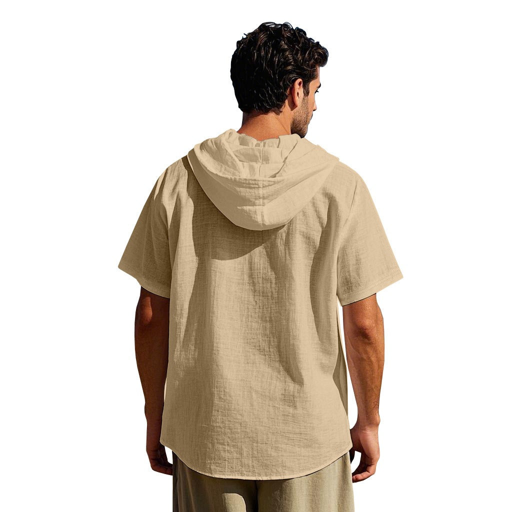 Men's Oversized Linen Shirt – Short-Sleeve Hooded Top | Breathable Amekaji Casual Style | Relaxed Fit Summer Overshirt | Spring 2025 Collection | 2455C