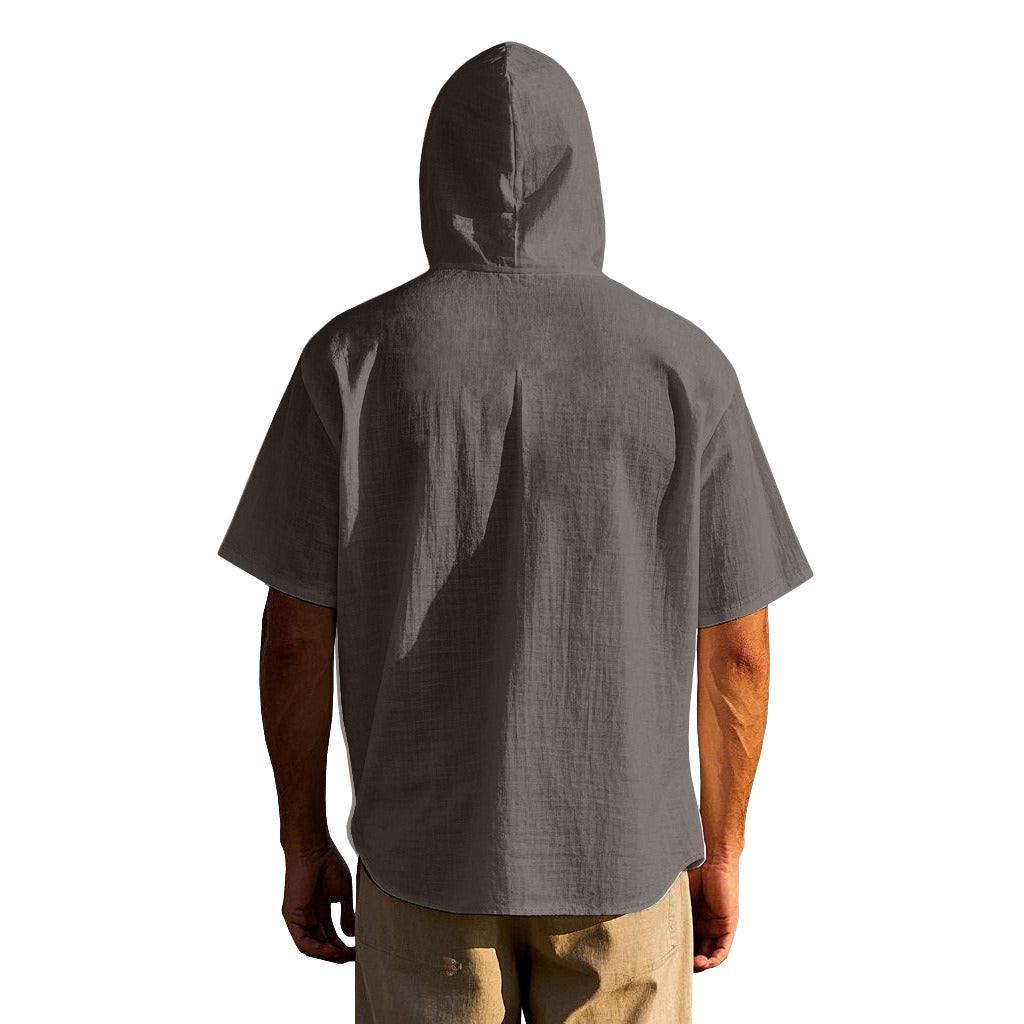 Men's Oversized Linen Shirt – Short-Sleeve Hooded Top | Breathable Amekaji Casual Style | Relaxed Fit Summer Overshirt | Spring 2025 Collection | 2455C