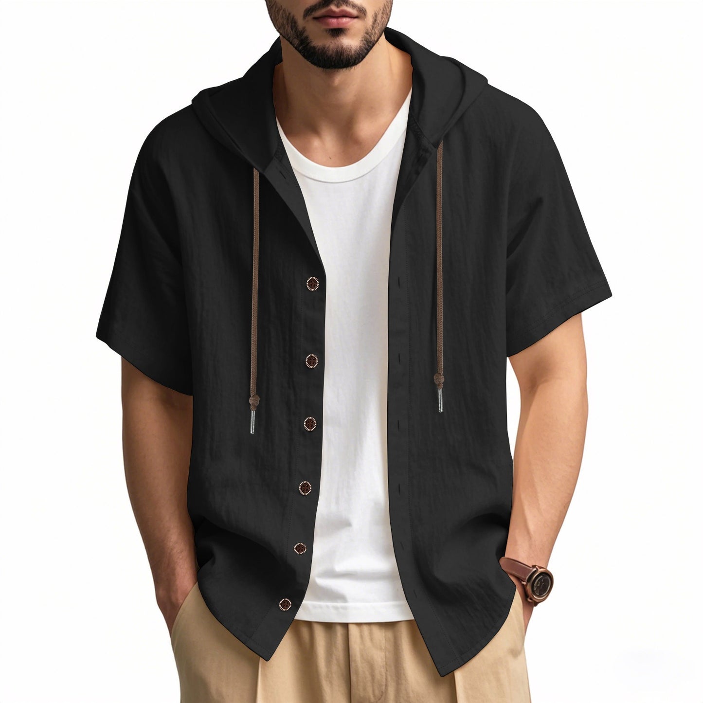 Men's Oversized Linen Shirt – Short-Sleeve Hooded Top | Breathable Amekaji Casual Style | Relaxed Fit Summer Overshirt | Spring 2025 Collection | 2455C