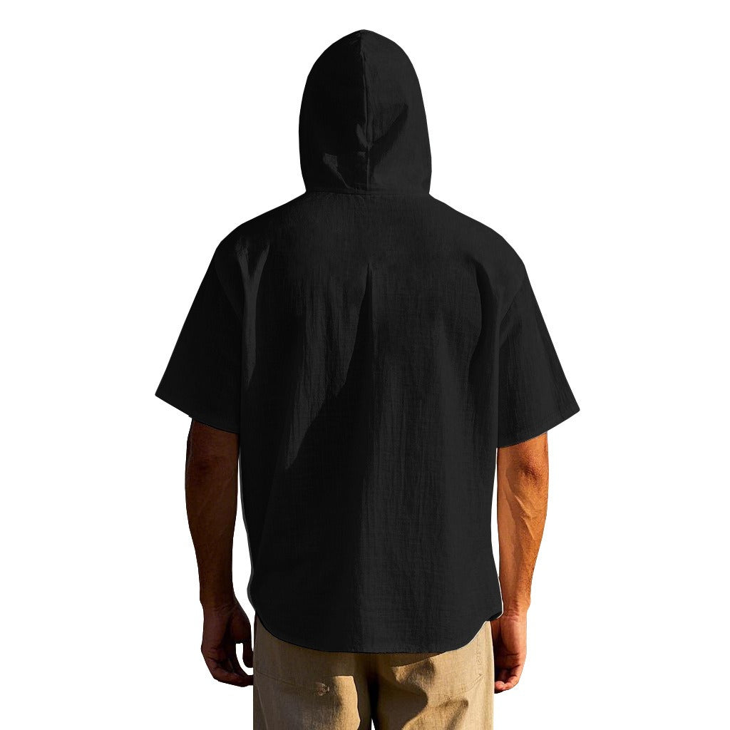 Men's Oversized Linen Shirt – Short-Sleeve Hooded Top | Breathable Amekaji Casual Style | Relaxed Fit Summer Overshirt | Spring 2025 Collection | 2455C