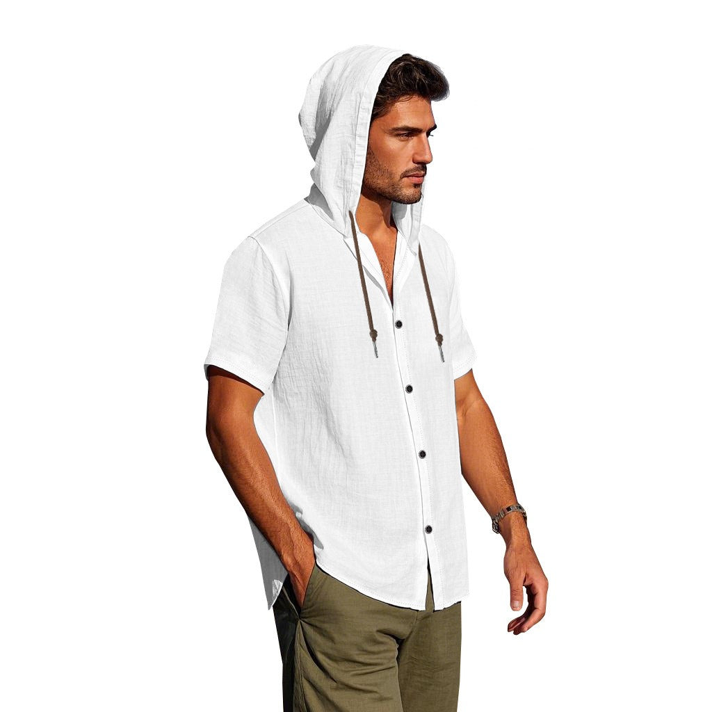 Men's Oversized Linen Shirt – Short-Sleeve Hooded Top | Breathable Amekaji Casual Style | Relaxed Fit Summer Overshirt | Spring 2025 Collection | 2455C