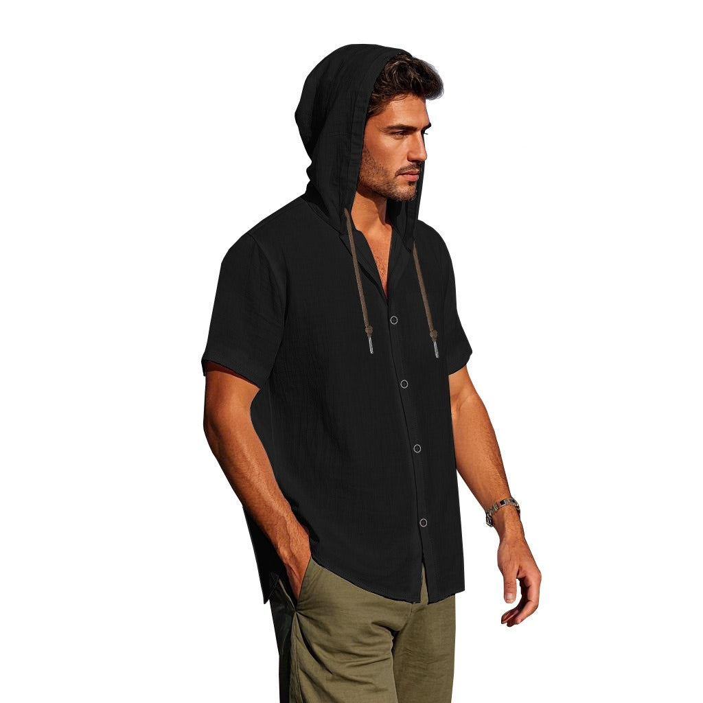 Men's Oversized Linen Shirt – Short-Sleeve Hooded Top | Breathable Amekaji Casual Style | Relaxed Fit Summer Overshirt | Spring 2025 Collection | 2455C