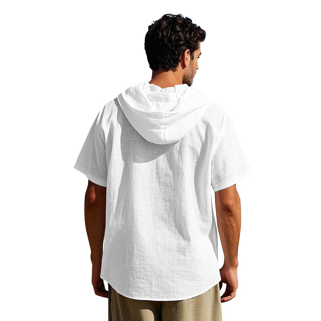 Men's Oversized Linen Shirt – Short-Sleeve Hooded Top | Breathable Amekaji Casual Style | Relaxed Fit Summer Overshirt | Spring 2025 Collection | 2455C