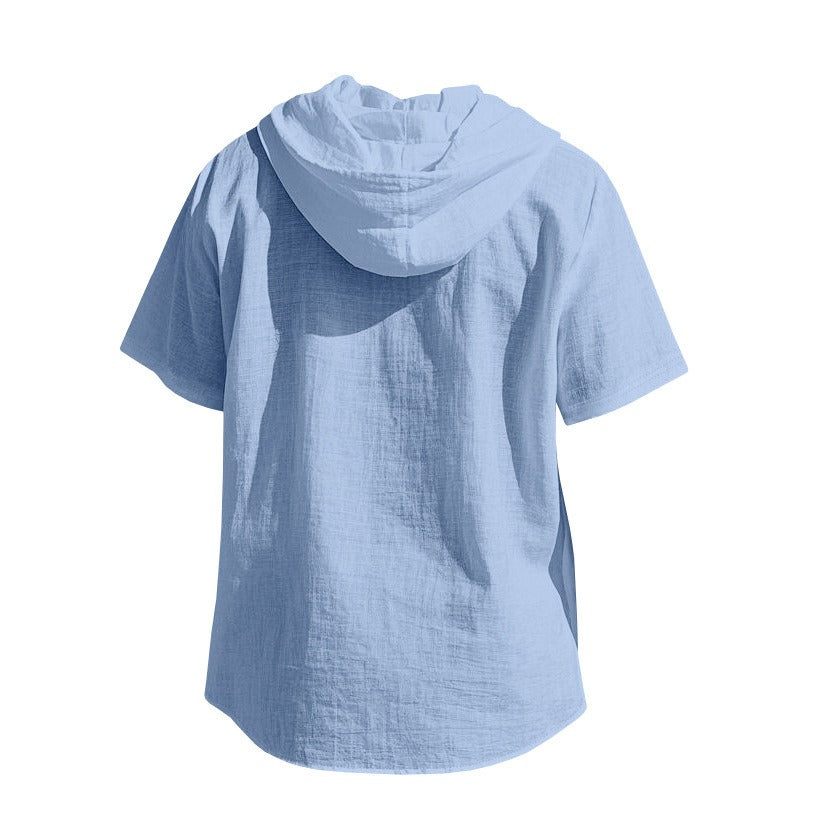 Men's Oversized Linen Shirt – Short-Sleeve Hooded Top | Breathable Amekaji Casual Style | Relaxed Fit Summer Overshirt | Spring 2025 Collection | 2455C