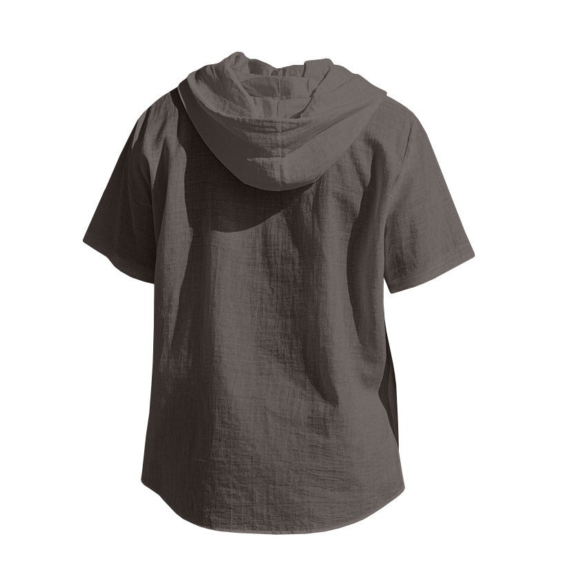 Men's Oversized Linen Shirt – Short-Sleeve Hooded Top | Breathable Amekaji Casual Style | Relaxed Fit Summer Overshirt | Spring 2025 Collection | 2455C