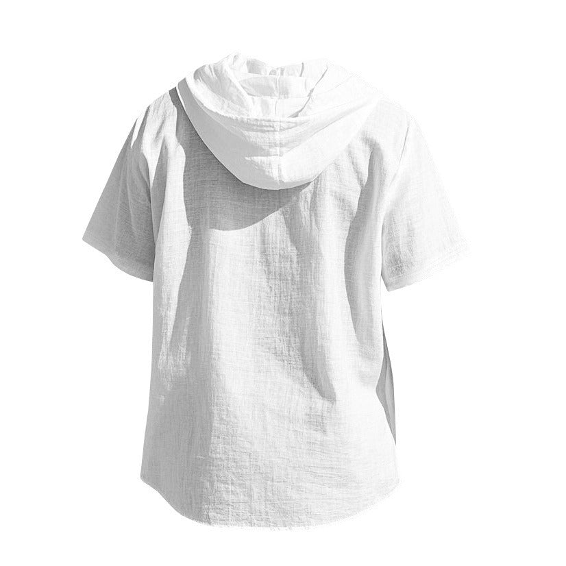 Men's Oversized Linen Shirt – Short-Sleeve Hooded Top | Breathable Amekaji Casual Style | Relaxed Fit Summer Overshirt | Spring 2025 Collection | 2455C