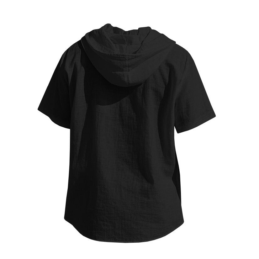 Men's Oversized Linen Shirt – Short-Sleeve Hooded Top | Breathable Amekaji Casual Style | Relaxed Fit Summer Overshirt | Spring 2025 Collection | 2455C