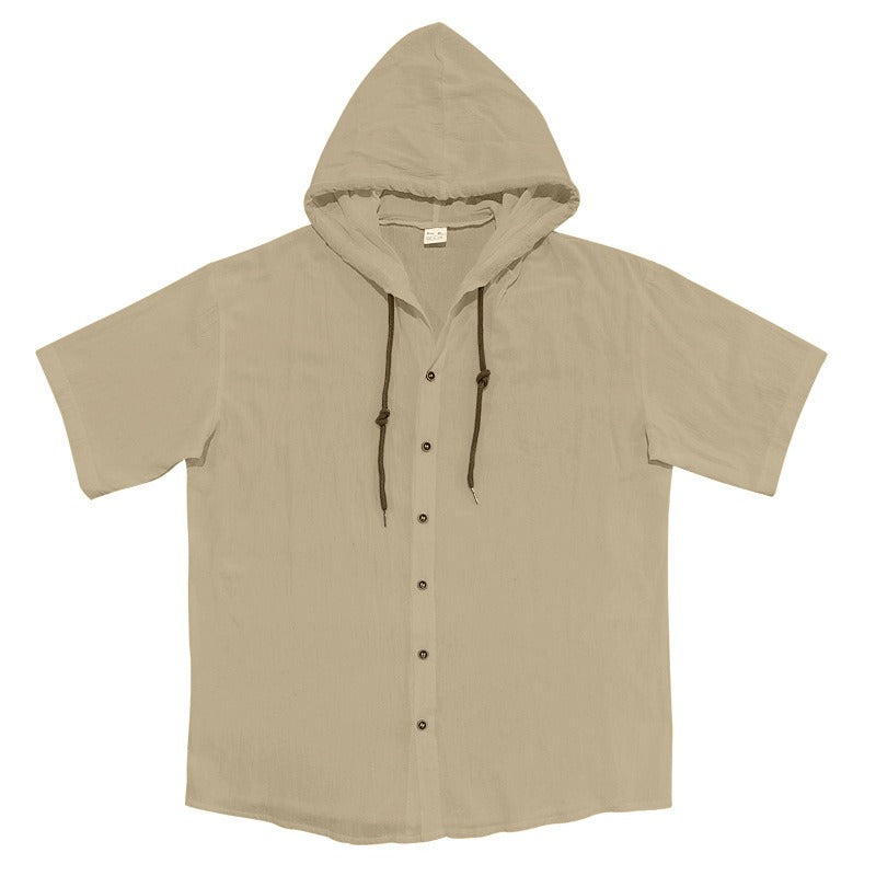 Men's Oversized Linen Shirt – Short-Sleeve Hooded Top | Breathable Amekaji Casual Style | Relaxed Fit Summer Overshirt | Spring 2025 Collection | 2455C