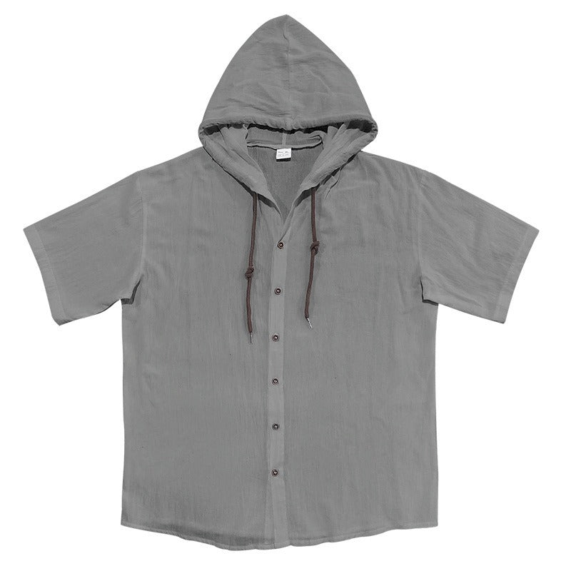 Men's Oversized Linen Shirt – Short-Sleeve Hooded Top | Breathable Amekaji Casual Style | Relaxed Fit Summer Overshirt | Spring 2025 Collection | 2455C