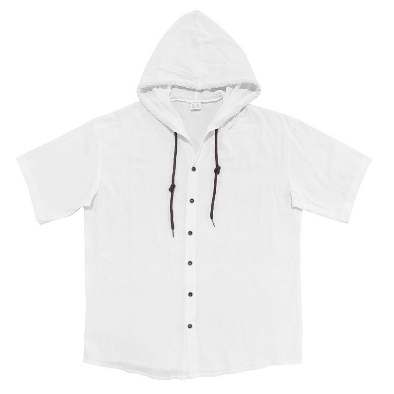 Men's Oversized Linen Shirt – Short-Sleeve Hooded Top | Breathable Amekaji Casual Style | Relaxed Fit Summer Overshirt | Spring 2025 Collection | 2455C