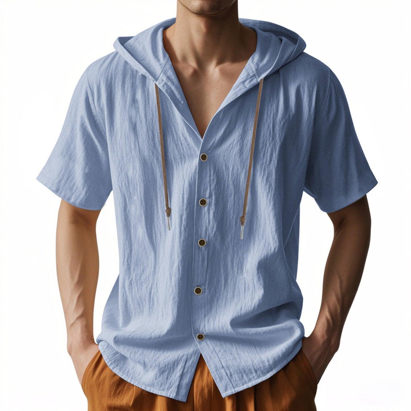 Men's Oversized Linen Shirt – Short-Sleeve Hooded Top | Breathable Amekaji Casual Style | Relaxed Fit Summer Overshirt | Spring 2025 Collection | 2455C