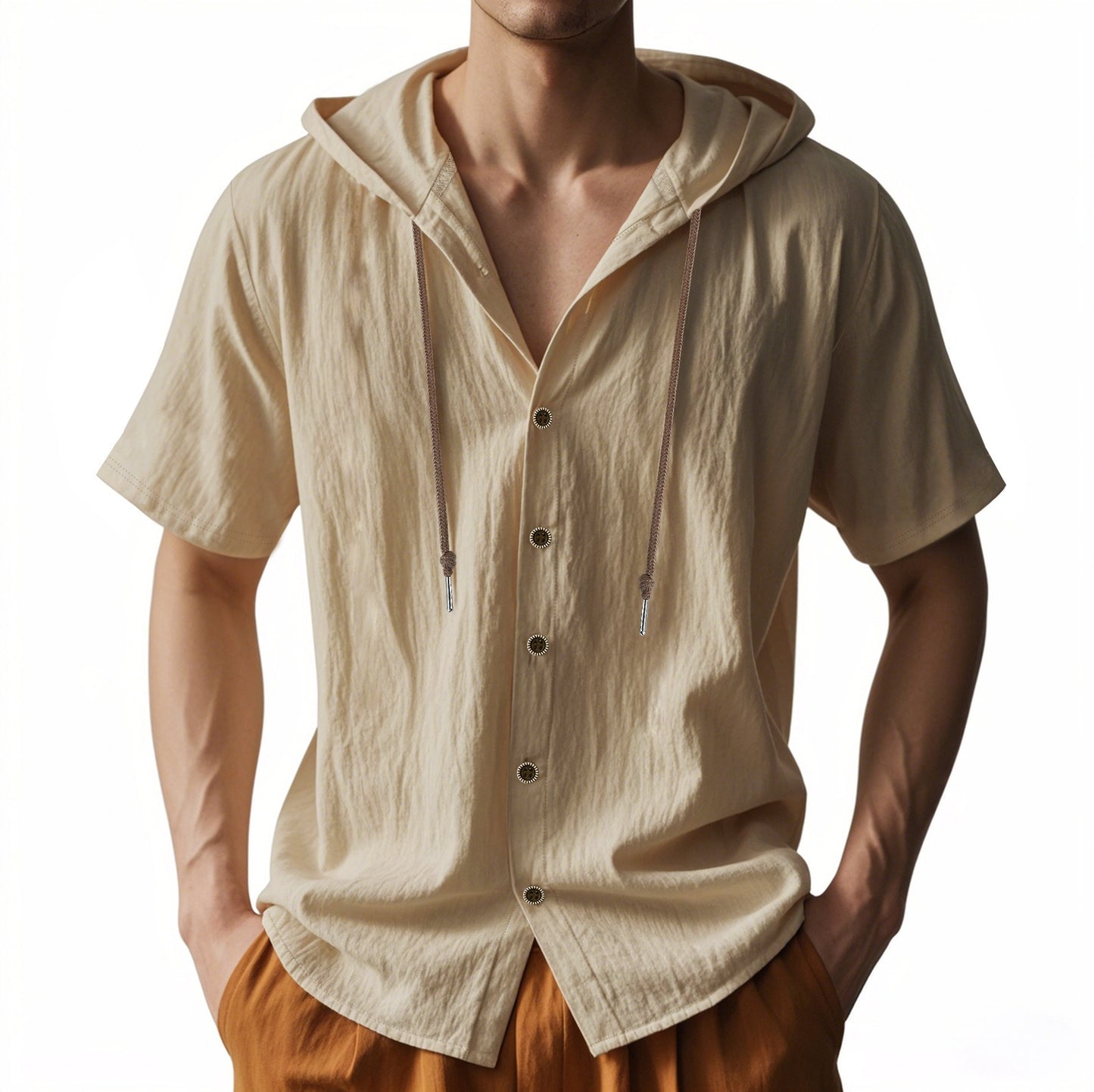 Men's Oversized Linen Shirt – Short-Sleeve Hooded Top | Breathable Amekaji Casual Style | Relaxed Fit Summer Overshirt | Spring 2025 Collection | 2455C