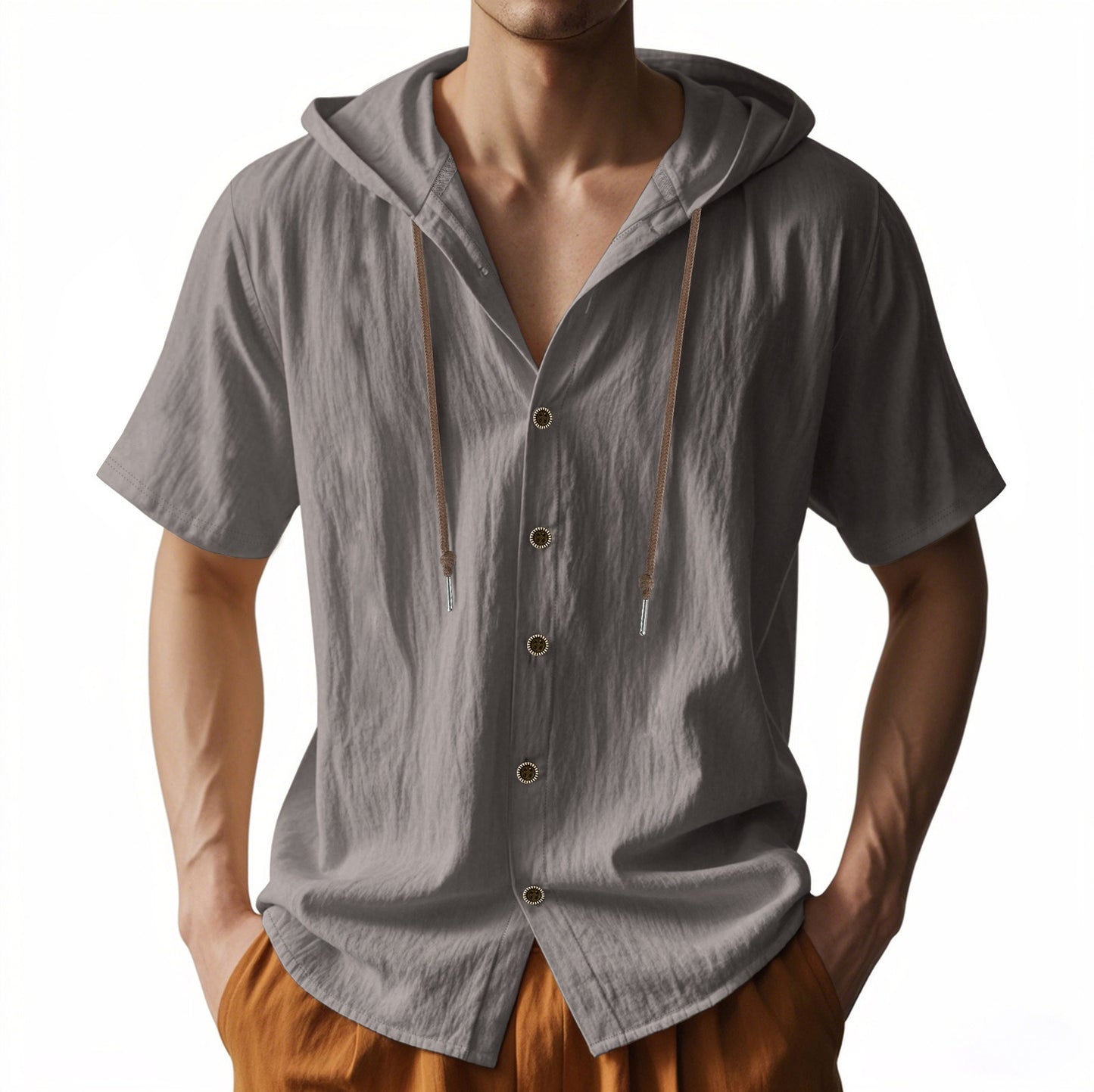 Men's Oversized Linen Shirt – Short-Sleeve Hooded Top | Breathable Amekaji Casual Style | Relaxed Fit Summer Overshirt | Spring 2025 Collection | 2455C