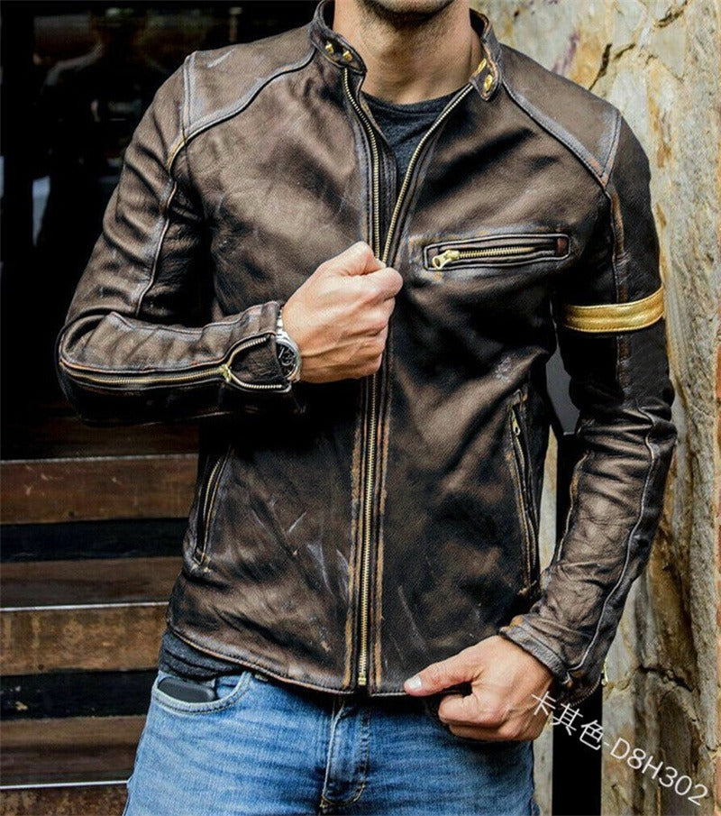 Giacca da motociclista in pelle casual con cerniera e colletto alto vintage da uomo | D8H302