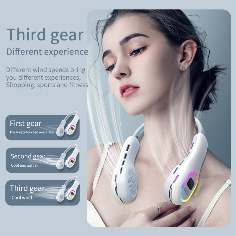 Summer Neck Fan Wearable Hands Free Bladeless Cooling Fans LED Colored Light 3 Speed 360° Wind Direction Adjustment Rechargeable Portable Air Con| S57